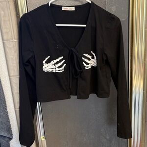 ROMWE Black Tie-Front Skeleton Hand Blouse